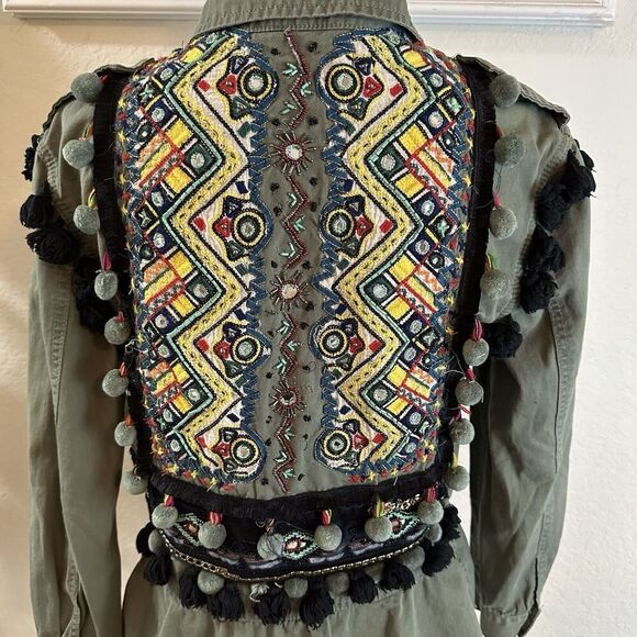 ZARA Womens Embroidered Pom Pom Jacket Size XS Military Tassel Boho Festival - Picture 5 of 8